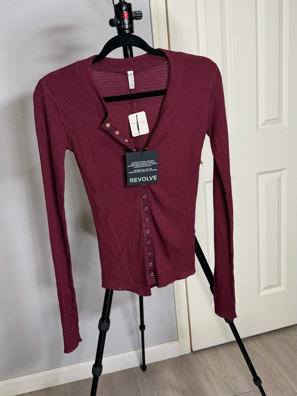 Free People Burgundy lightweight Waffle-Knit Henley Long Sleeve Top